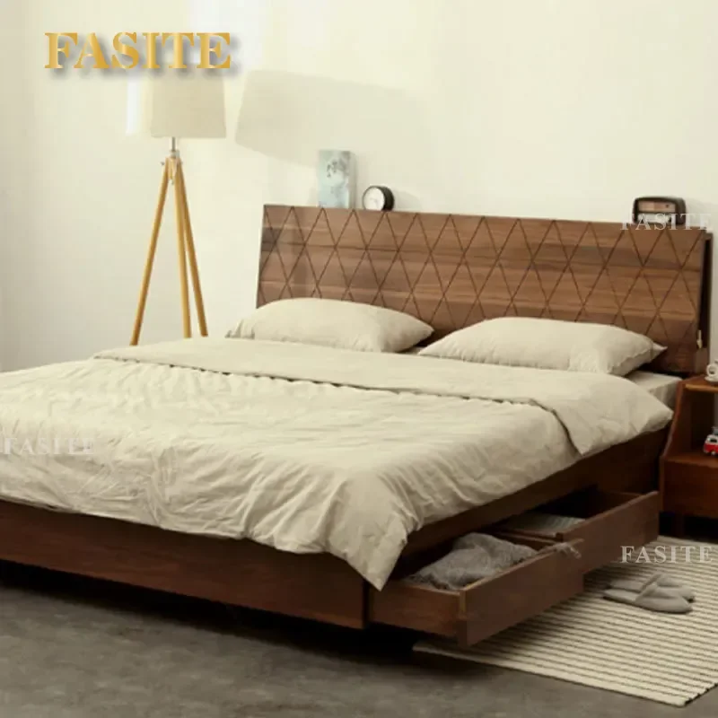 For Nordic Solid Wood Suspended Storage Bed Modern Simple Black Walnut High Box Air Pressure Drawer Bedroom Double Bed