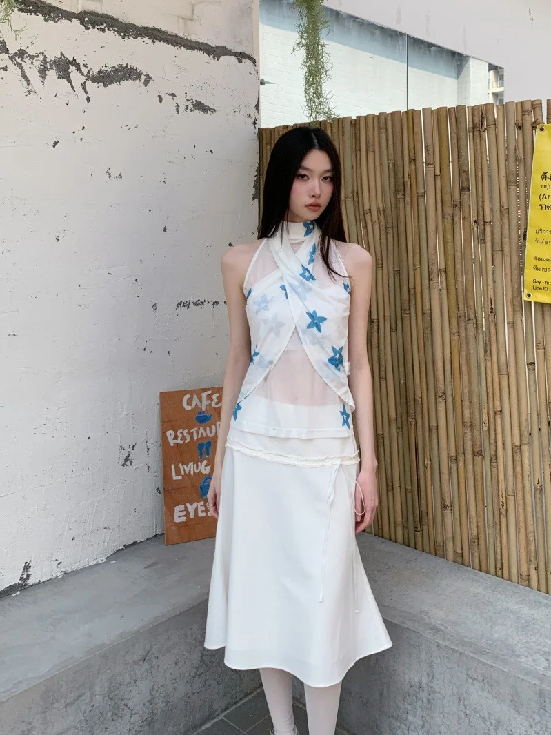 

Mint Peach Summer Original Pattern Blue Star Flower Ne Hanging Design Lightweight Svel Vest Top Women's Faion Lace ...