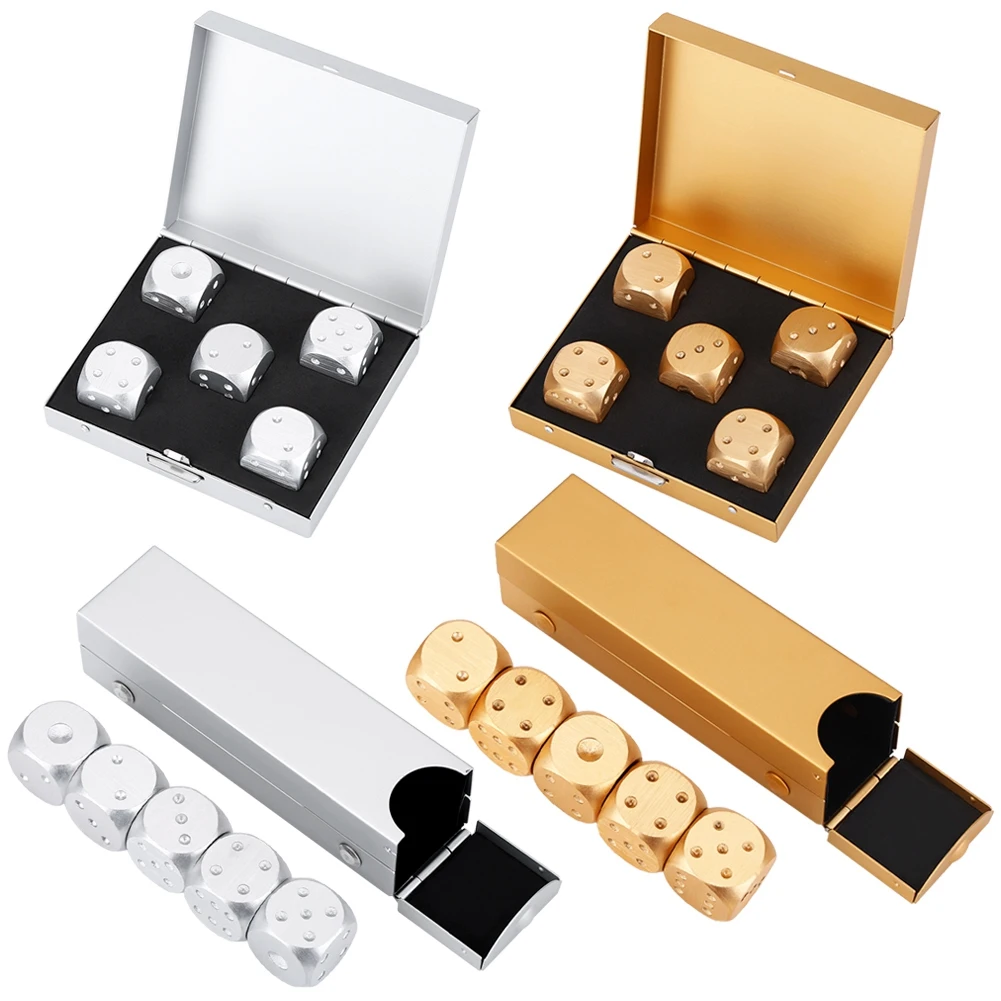 5Pcs Aluminium Alloy Table Game Poker Games Dices Set with Storage Box