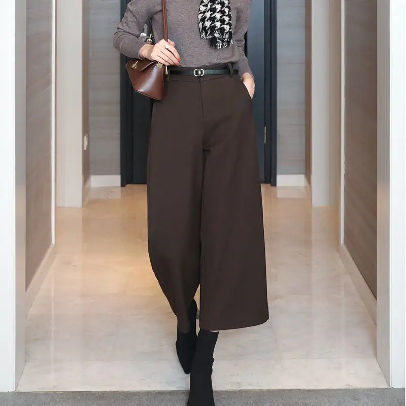 

Шерстяные темпераментные ботинки, женские осенние и зимние широкие брюки, утягивающие прямые укороченные брюки с высокой талией, повседневные брюки с поясом