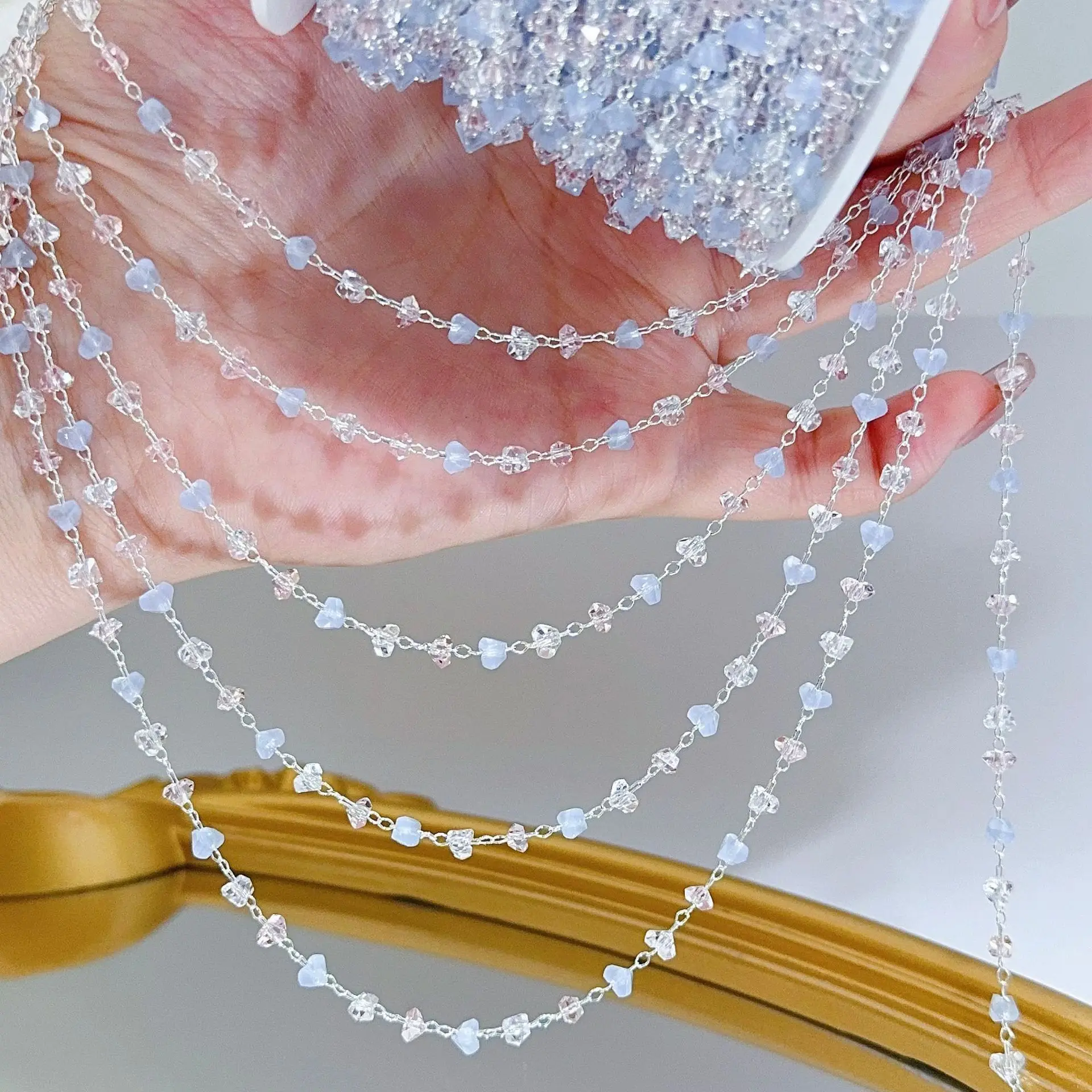 سلسلة تزيين مروحة الهتاف كريستال وردي وأزرق وأبيض لإكسسوارات الشعر بنفسك حجاب الوجه وشرابة الحرفية