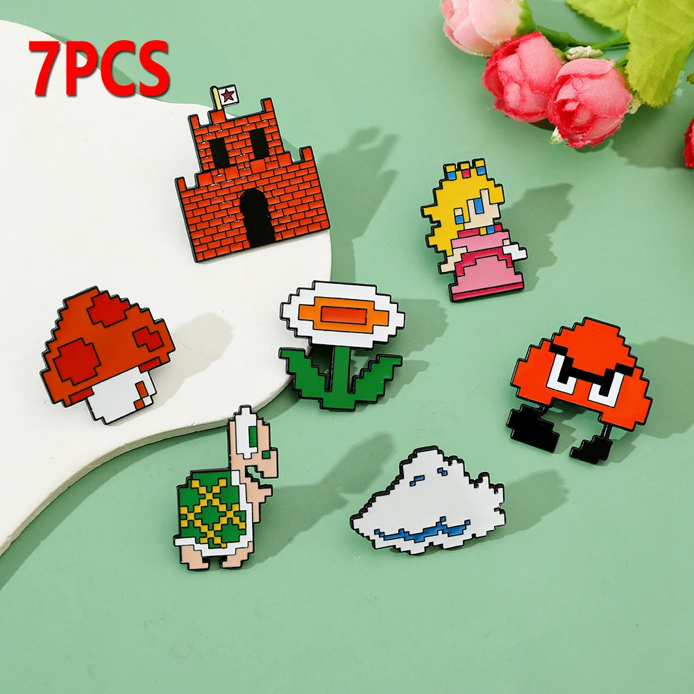 

1Set Pixel Adventure Game Enamel Pins Super Princess Peach Mushroom Turtle Brooch Bro Lapel Badges Funny Jewelry Gift for Friend