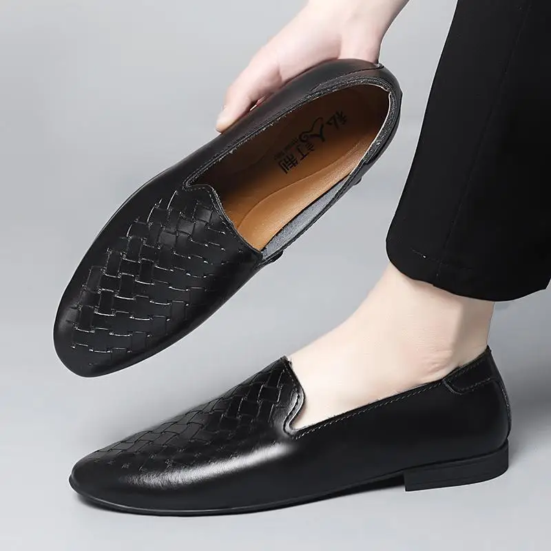 

Men's Business Casual Leather Shoes Soft Leather Loafers Fashionable Korean Style Flat Heel round Toe Rubber Outsole Shoes
