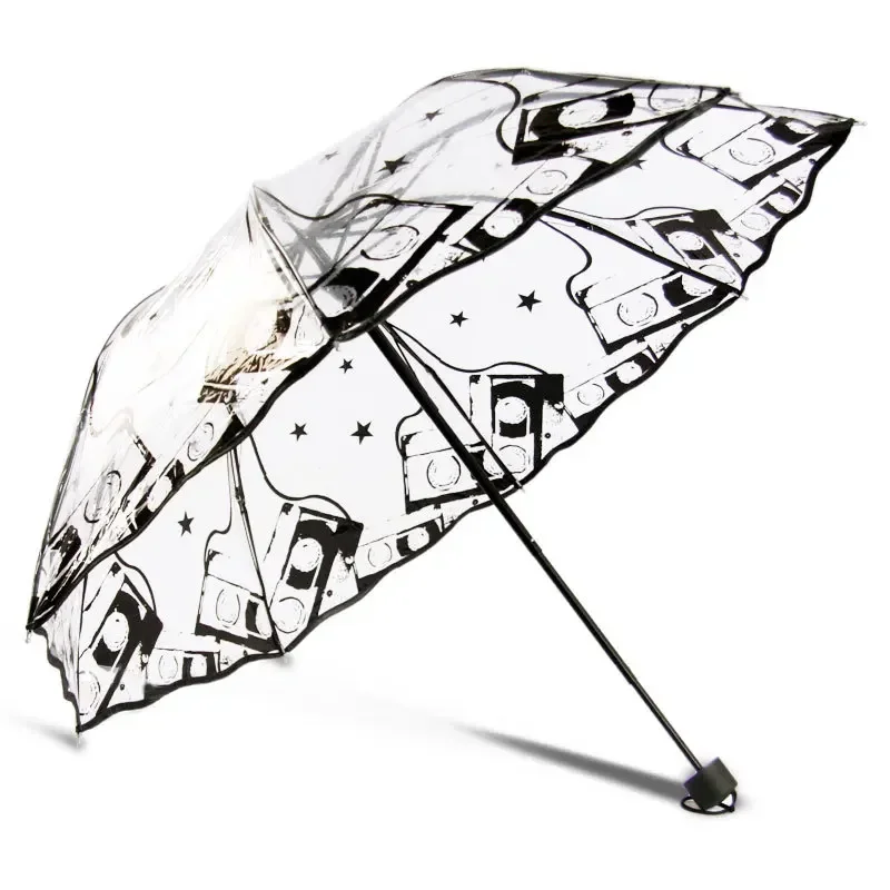 Transparent Folding Non-automatic Umbrella Men Ripple Edge Windproof Rain Umbrella Women Plastic Clear Ladies Outdoor Parasol