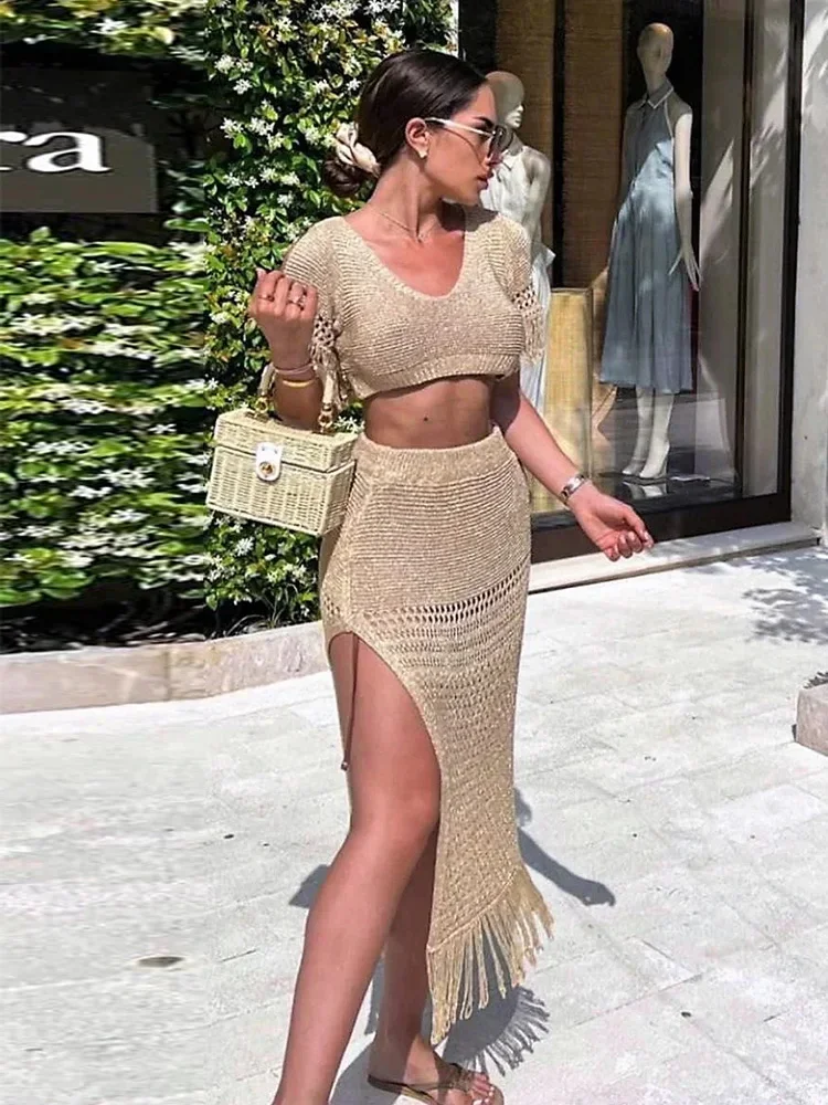 2024 Sexy Side Split Knit Cut Out Tassel Two-Piece Crochet Top Skirt Sets Women Holiday Casual Beachwear Swimsuit Cover Up A2865