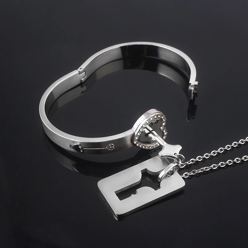Couple Jewelry Stainless Steel Bracelet Love Heart Lock Bracelets Bangle Key Pendant Necklace For Women Men Valentine\'s Day Gift
