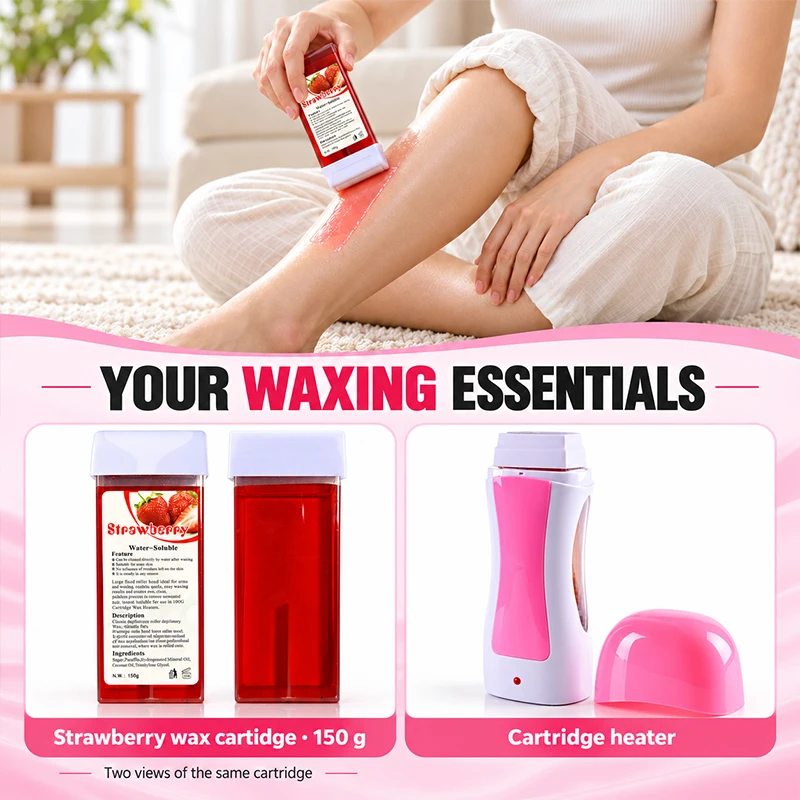 Roll On Waxing Kit Strawberry Wax Cartridge with 1 Wax Heater and 10 Waxing Strips Body Hair Removal Set for Legs and Arms