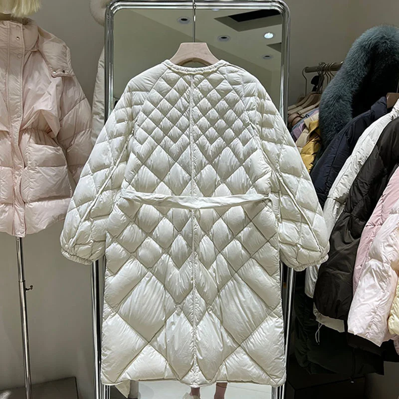 Womens New Winter Long Jackets Ultra Light Duck Down Coat White Puffer Jacket Slim Autumn Parkas with belt