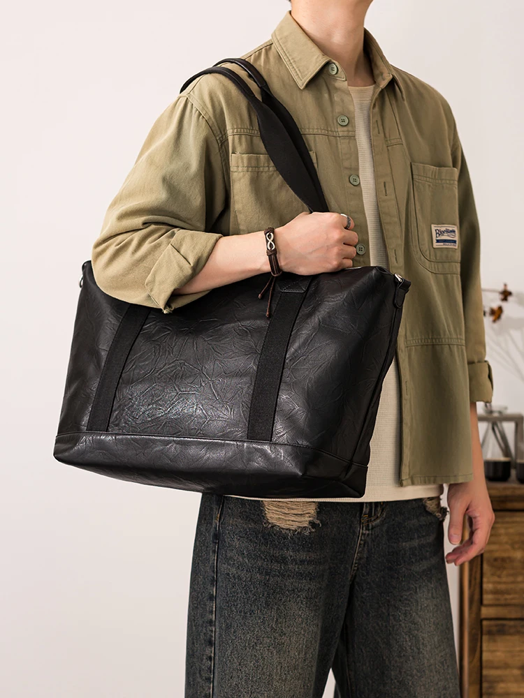 casual outdoor travel genuine leather men's black tote bag simple handmade soft cow leather youth sports fitness shoulder bag