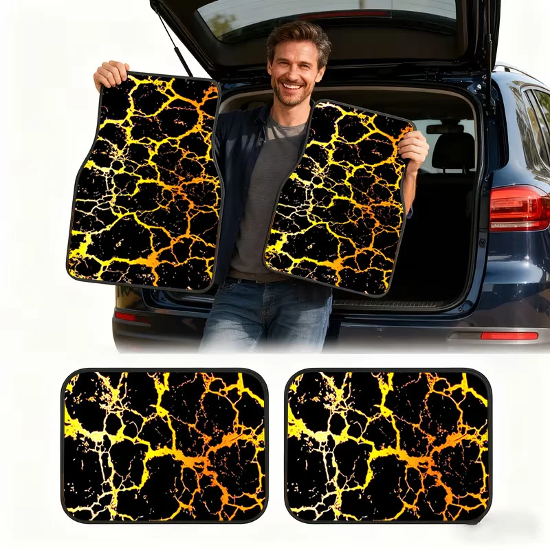 2pcs/4pcs, Yellow Lightning Crack Pattern Printed Car Floor Mats, Full Coverage Car Mats Suitable For All Seasons, XPE Non-Slip