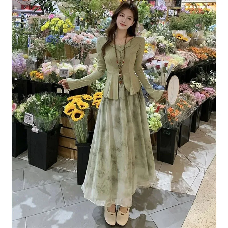 Women Fashion Camisole Thin Shirt 3PCS Spring Summer Ladies Floral Print Outfit 2025 Female Ink Wash Long Skirts Three-piece Set