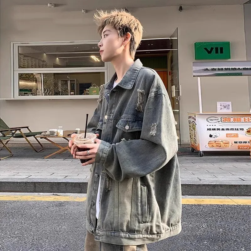 

Ripped Denim Jacket for Men, Vintage American Oversized Fit with Edgy Street Aesthetic