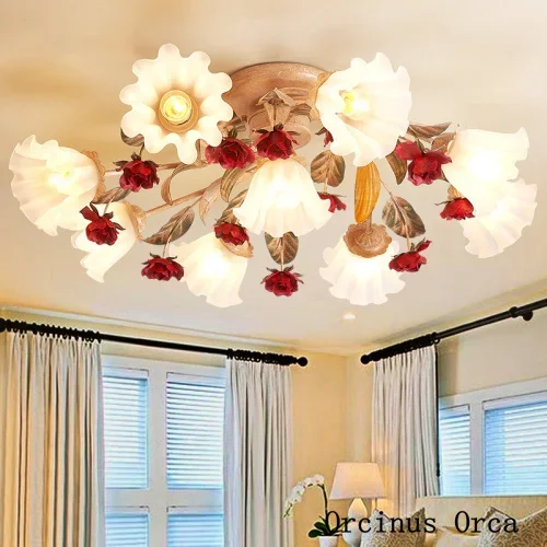 European Romantic Red Rose ceiling lamp  Living Room Bedroom Korean Pastoral Creative LED Flower ceiling lamp