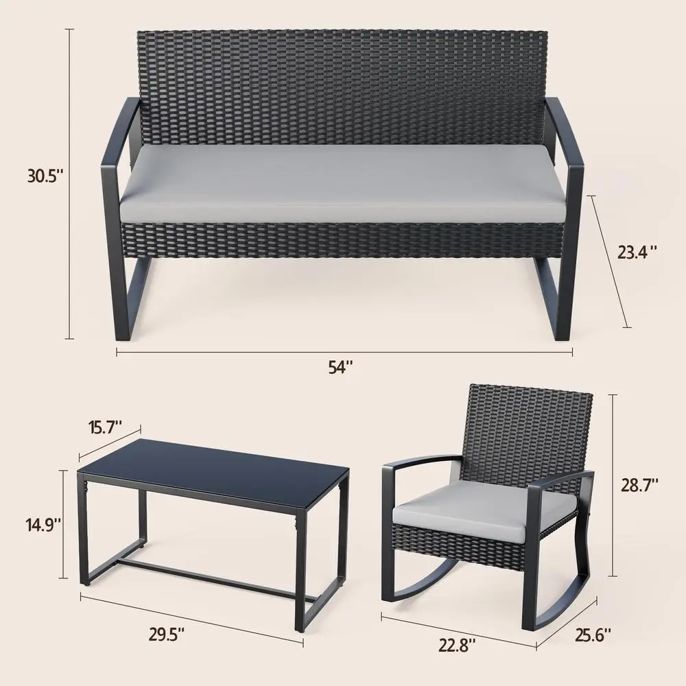 

4 Piece Outdoor Patio Furniture Set, Wicker Patio Furniture with Glass Coffee Table, Rocking Wicker Bistro Set, for Backyard, P