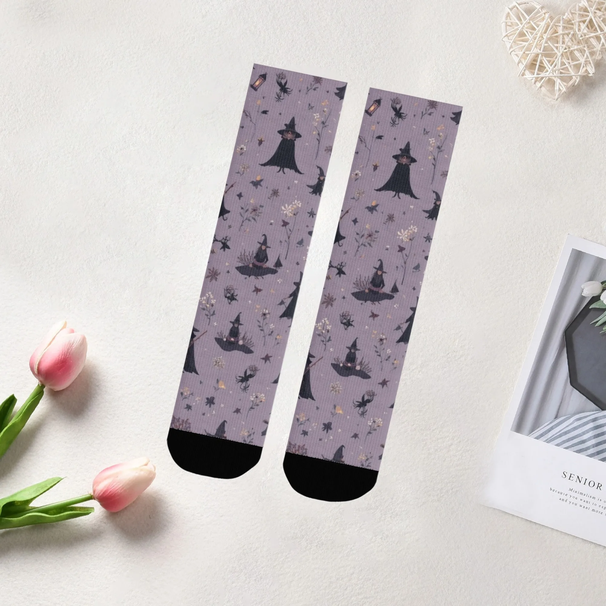 جوارب منتصف الساق للجنسين تحت عنوان الهالوين مع قبعة مدببة نمط ساحرة الرأس الأسود طباعة الزهور والحشرات والفوانيس الدفء #6