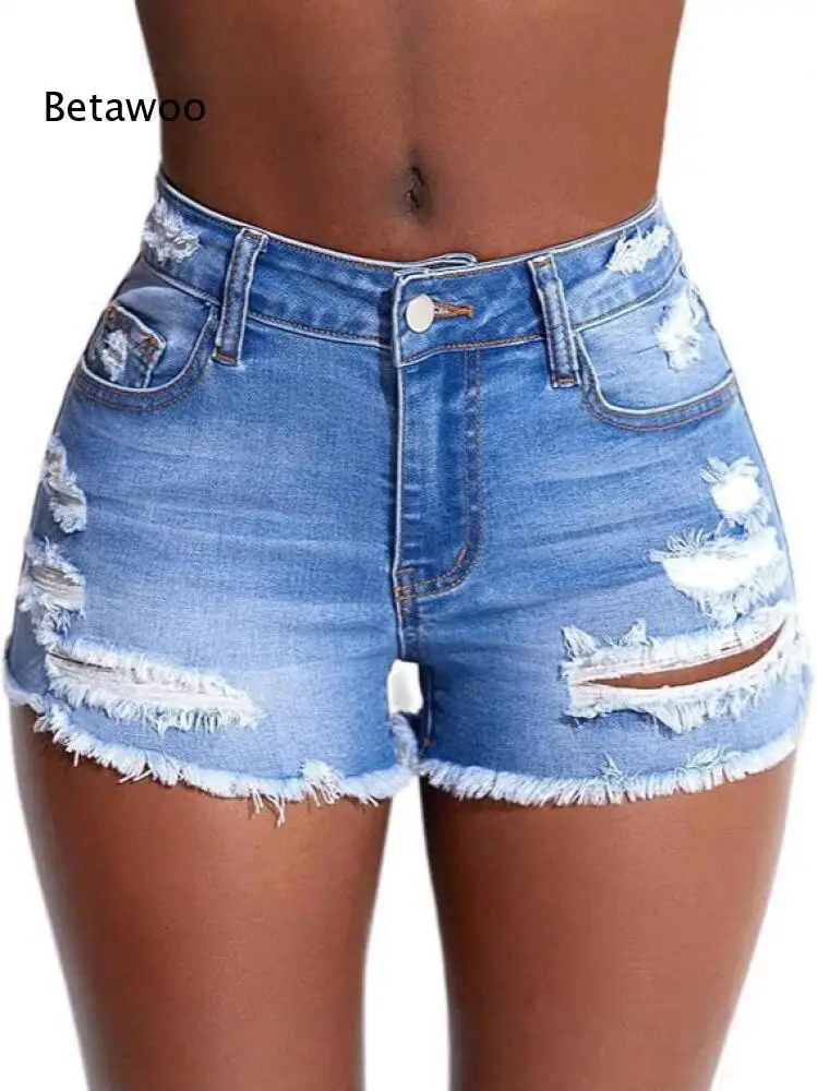 

Light Blue Distressed Ripped Jean Shorts for Ladies High Rise Fringe Hem Cut Off Denim Shorts Multi Pocket Summer Street Outfit