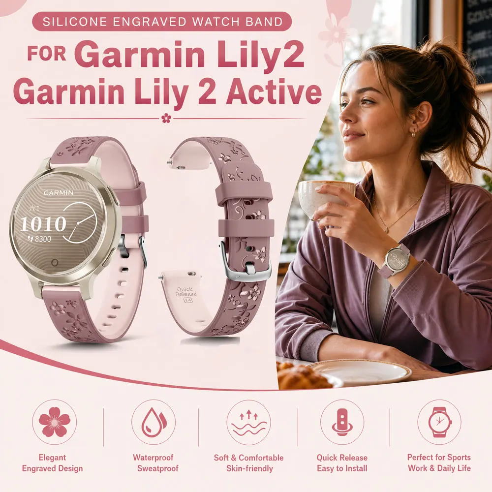 14MM Breathable Engraved Silicone Strap for Garmin Lily 2 Active Lightweight Waterproof Design Watch Band for Garmin Lily 2