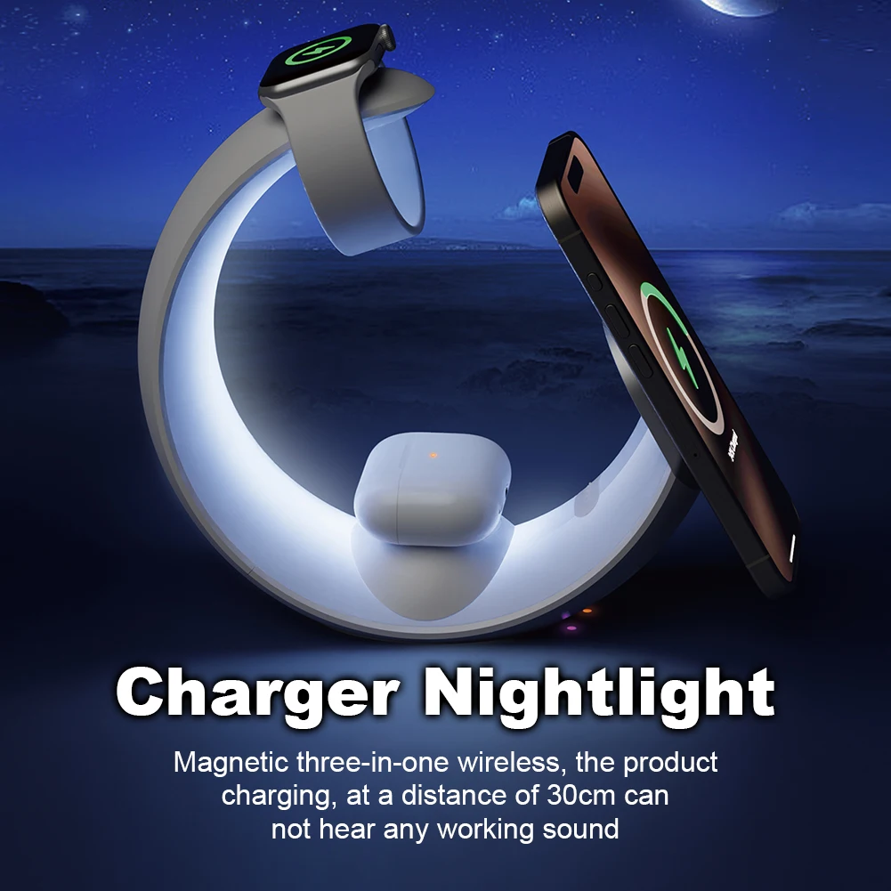 4 in 1 Magnetic Wireless Charger ขาตั้ง QC3.0 PD 15W Fast CHARGING Dock Station โคมไฟตั้งโต๊ะสําหรับ iPhone 15 14 Apple Watch AirPods