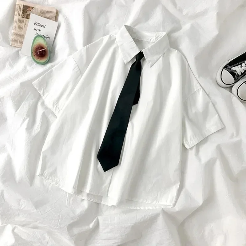 

Nice White Shirt Women Blusas Short Sleeve Lapel Blouse With Tie Japanese Fashion Student Summer Daily College Style Top