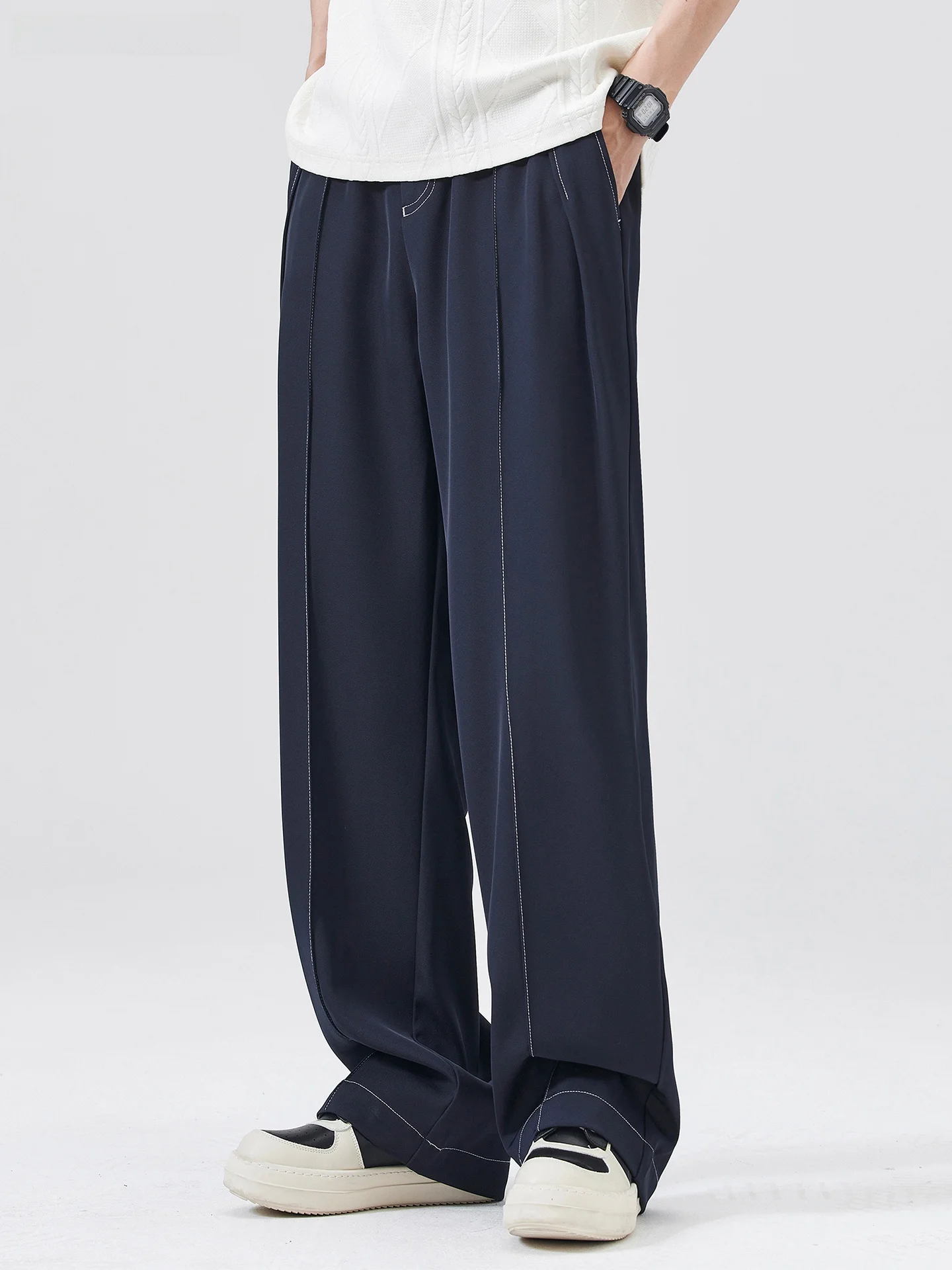 صيف جديد الأمريكية الرجعية الرجال عادية فضفاض مستقيم الساق واسعة الساق ثنى تخفيف السراويل الطويلة Faionable مستقيم قطع بنطلون