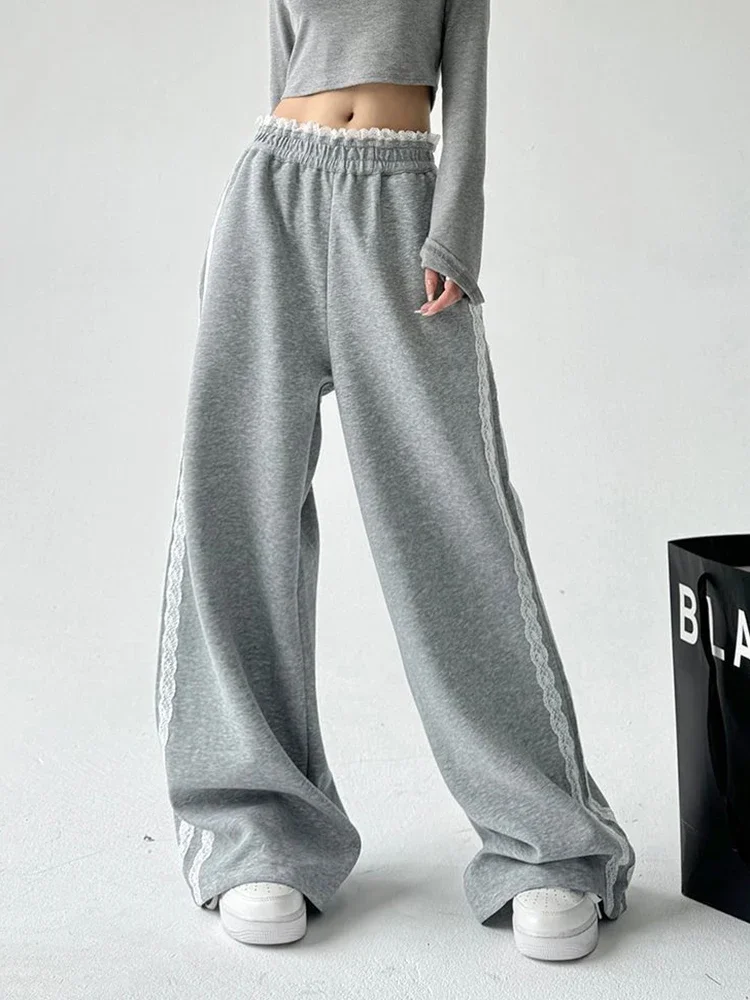 Lace Patchwork Gray Sweatpants Women High Waist Casual Sweet Trousers Korean Loose Fashion Design Female Spring Pants New