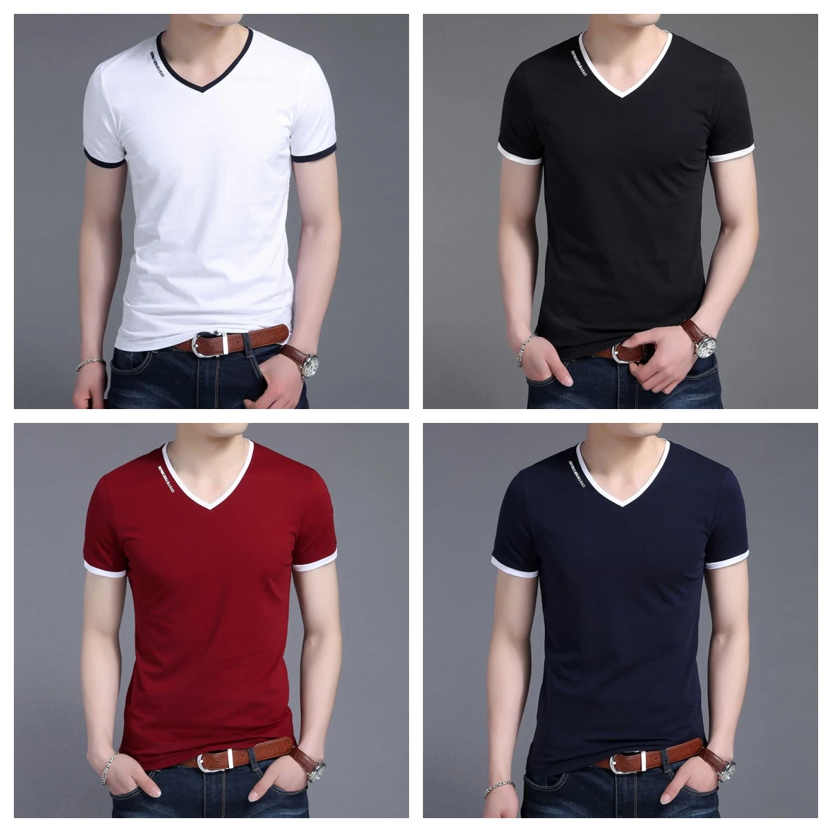 Liseaven Men T Shirt V-Neck cotton tshirt Short Sleeve T-Shirts Men's Slim Fit Solid Color Tee Shirt