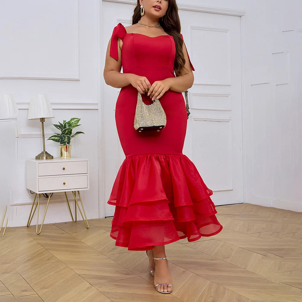 

4XL 5XL Oversized Red Dresses for Women Spaghetti Strap Square Neck Bodycon Mermaid Ankle Length Elegant Birthday Party Dress