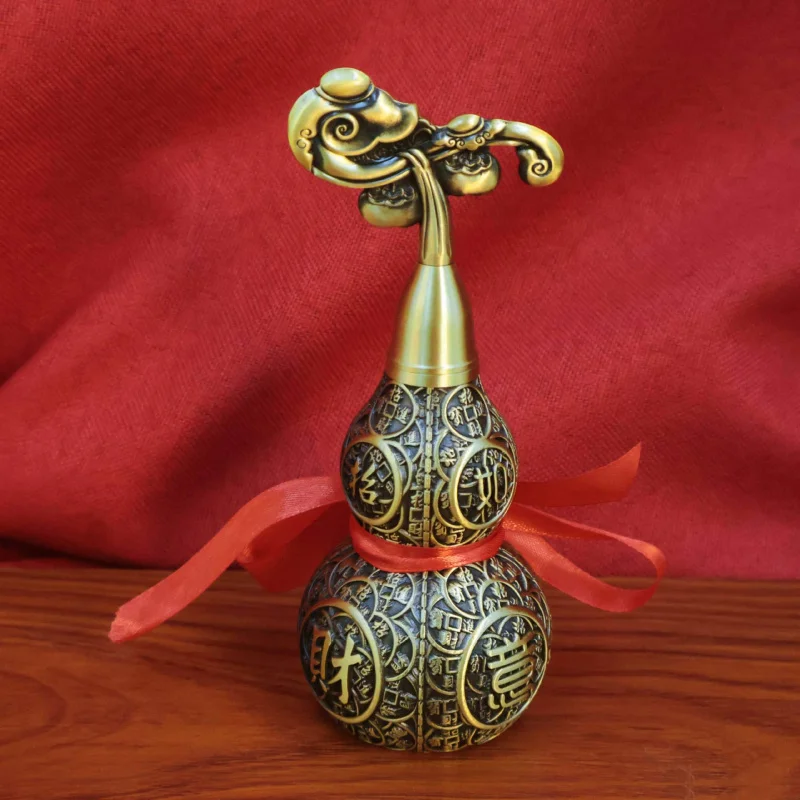Fortune Five Emperors Coin Relief Ornament for Home Protection, Auspicious Gourd Desktop Decoration, Brass Craft