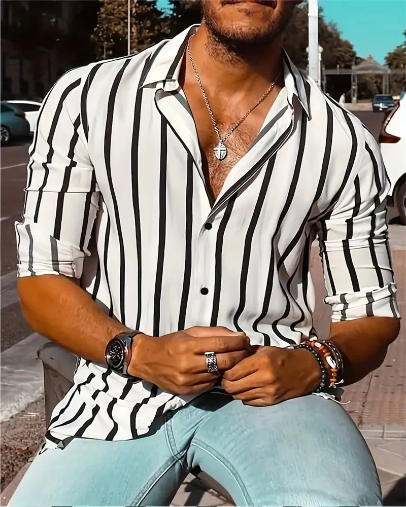 Pocket Shirt Plus Size Men's Fashion Striped Shirt Oversized Long Sleeve Top Spring Autumn Men's 2024 Men's Shirt S-6XL