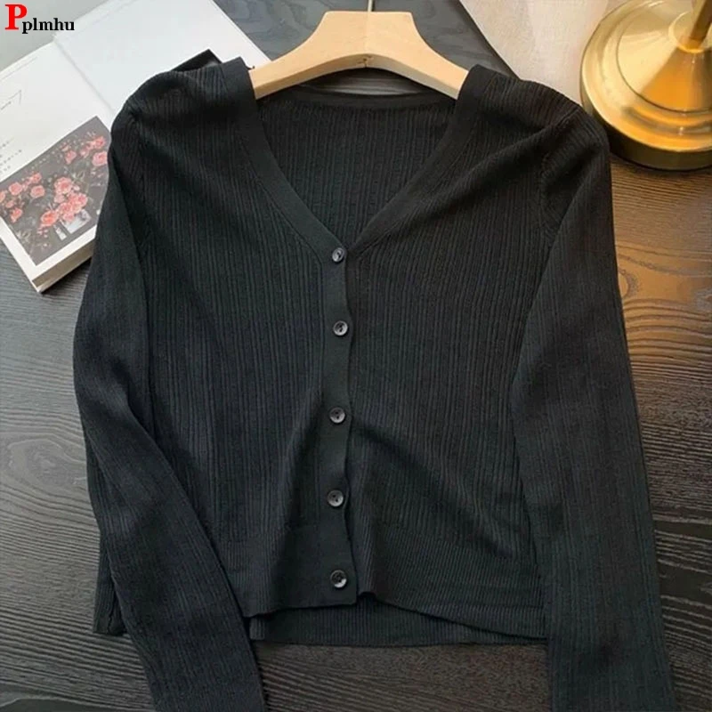 Women Thin Knit Sunscreen Cardigan Coat Summer Casual Ice Slik Short Knitwaer Outwear Korean Fashion Slim Strickjacke New