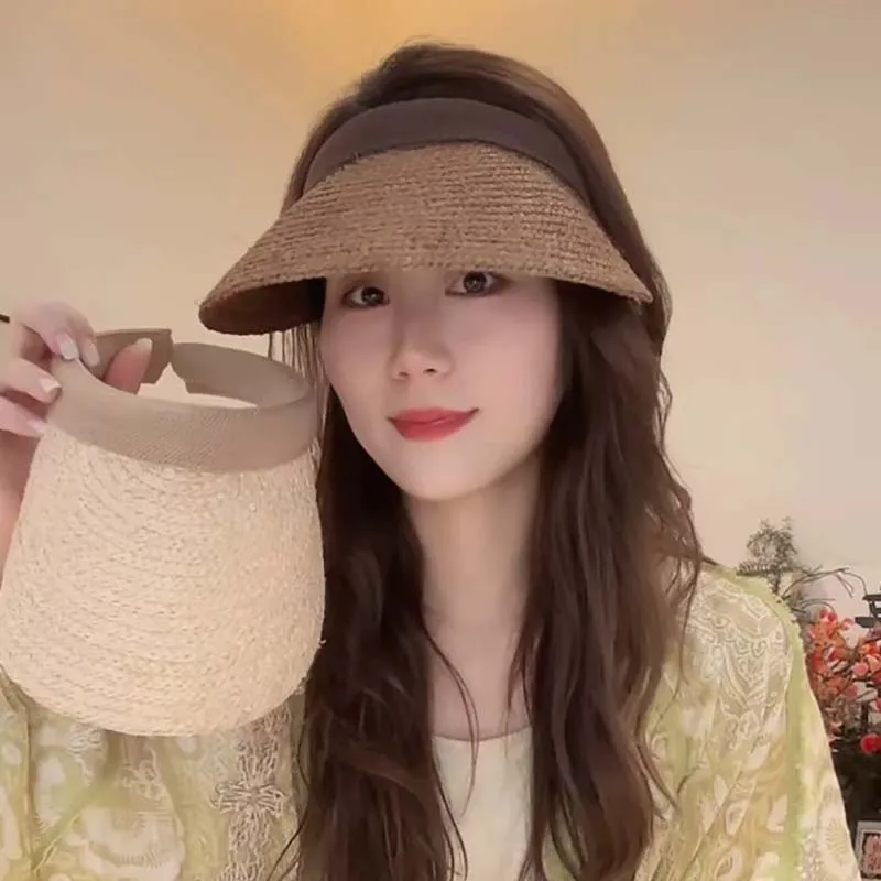 Women's Natural Raffia Straw Visor Hat Headband Style Empty Top Sun Cap Wide Brim Sun Protection for Beach Summer