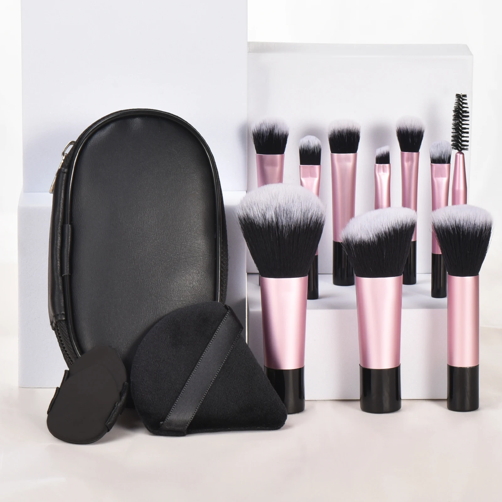 10-schwarzer Mini-Make-up-Pinsel für Reisen, tragbares Make-up-Werkzeug, Make-up-Puff – Palm-Pinsel, professionelles Make-up-Werkzeug-Set
