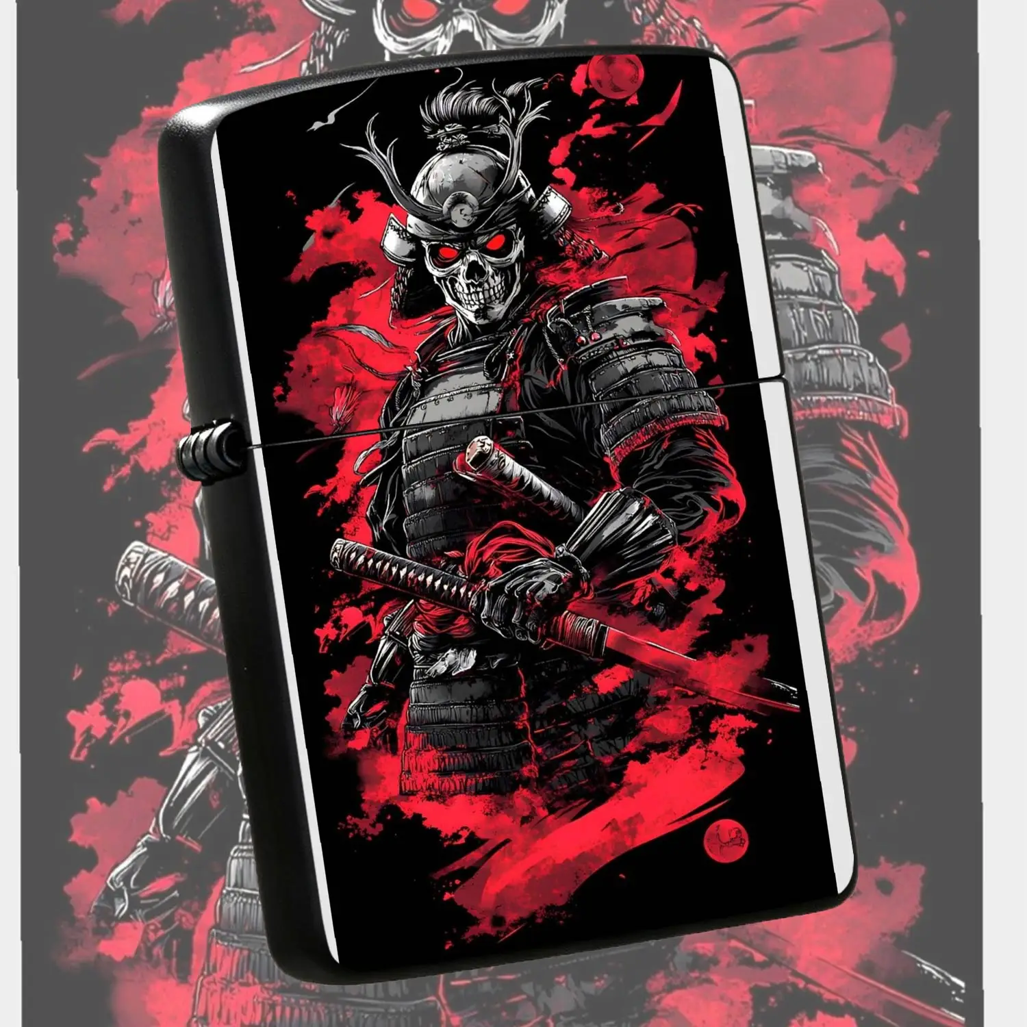 Stylish Undead Samurai Themed Lighter, Cool Dark Blood Red Ink Art Design With Crimson Moon Element, Portable Versatile Ignition Tool For All Scenarios, Unique Trendy Decorative Practical Gift For Home Outdoor Daily Use, Exquisite Ukiyo-E I