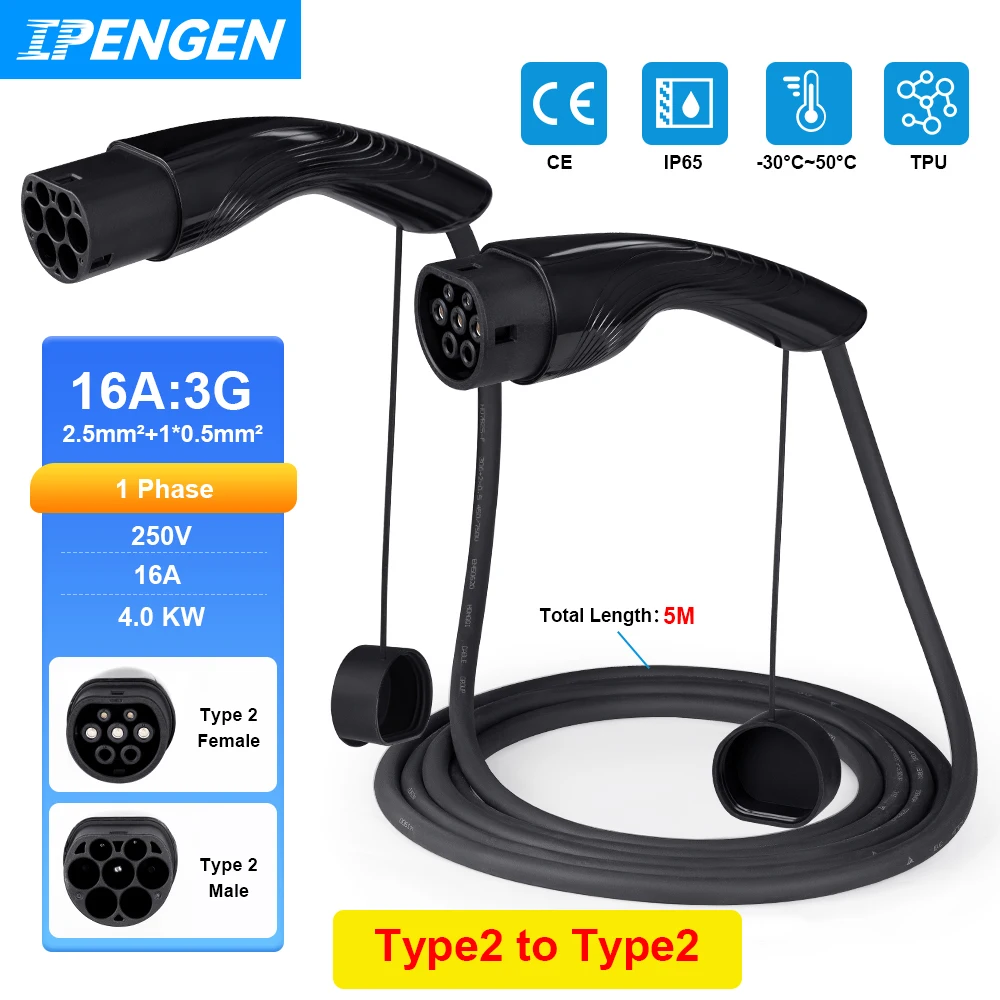 IPENGEN 16A 4KW Type2 to Type2 EV Charging Cable IEC 62196-2 Charger For Electric Vehicles Car Station Female to Male Plug