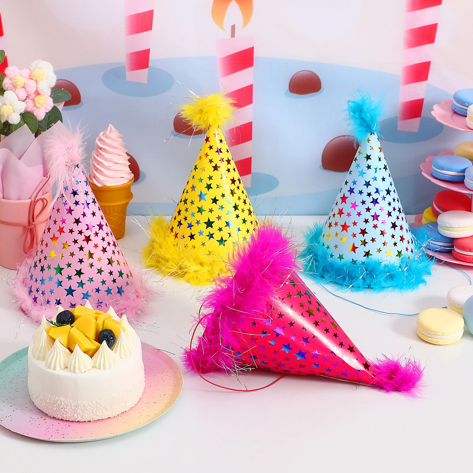 

4 Pcs Cone Party Hats Birthday Supplies Cute Colorful Funny Cloth Material Practical Photo Props Long Time Use