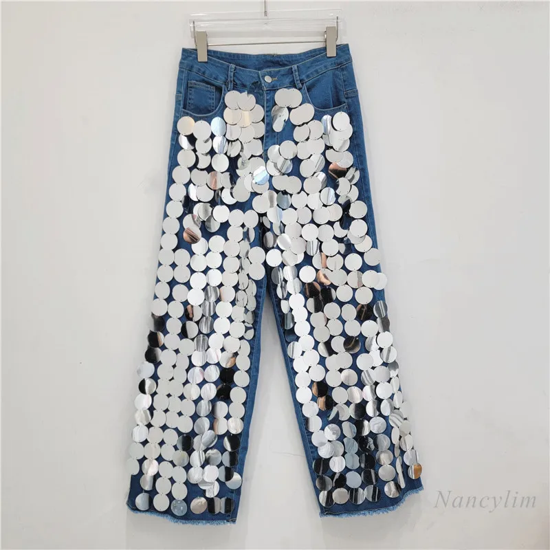 

Personalized Sequined Jeans Women Handmade Sequin Heavy Industry Decorative Straight Slimming Street High Waist Jeans Autumn