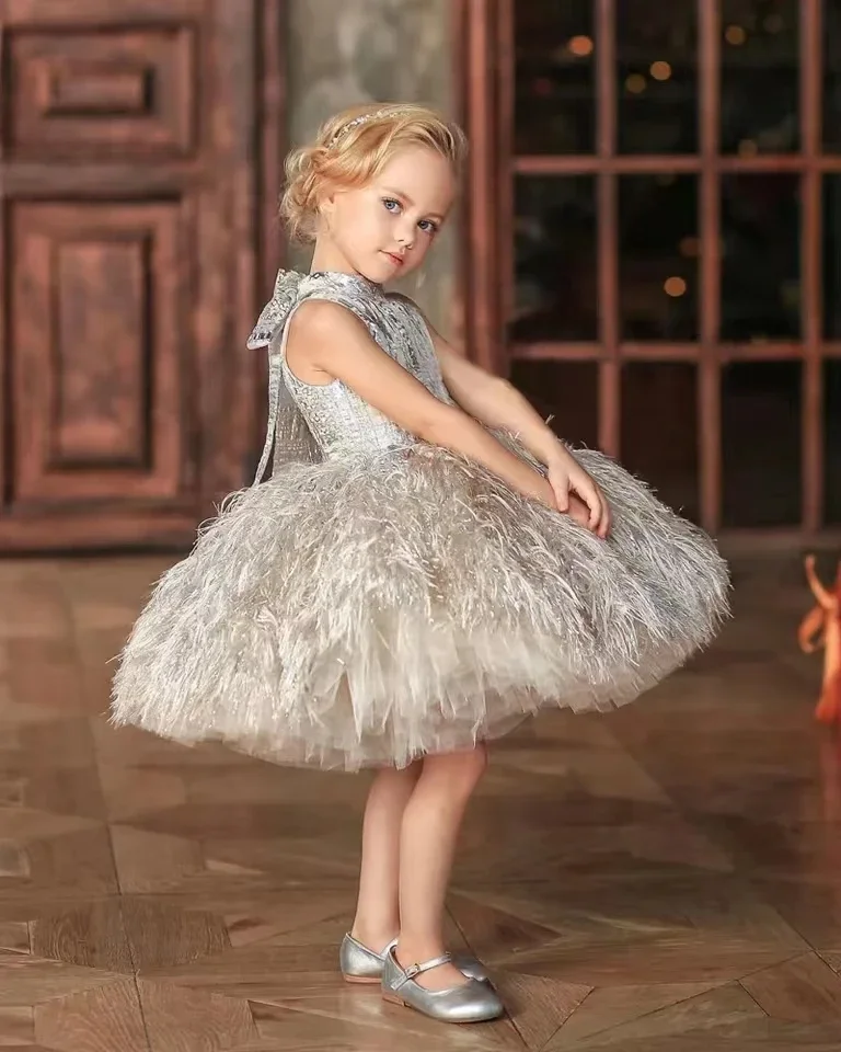 Puffy Feather Princess Flower Girl Dresses Cute Baby Girl Dress Girl Birthday Party First Communion Dress  vestidos de niña