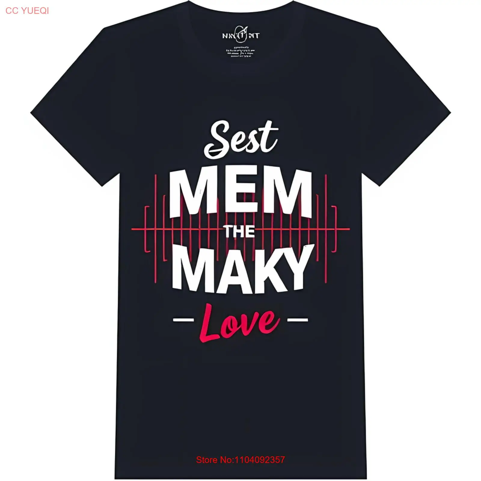 تي شيرت أسود مع تصميم جرافيك 'Sest MEM the MAKY Love' باللونين الأحمر والأبيض الجريء #1
