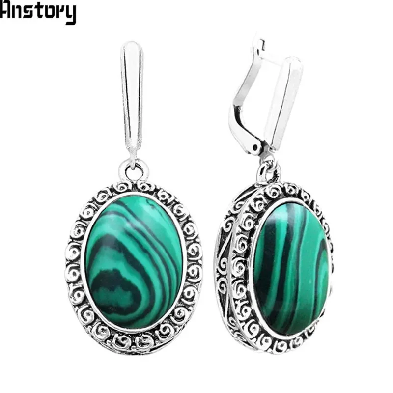 Big Oval Flower Pendant Malachite Earrings For Women Antique Silver Plated Party Fashion Jewelry TE391