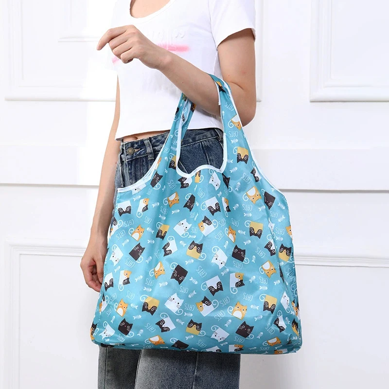 Eco-friendly Reusable Folding Washable Printing Shopping Bag Handbag Travel Grocery Store Fashion Pocket Heavy Storage Bags