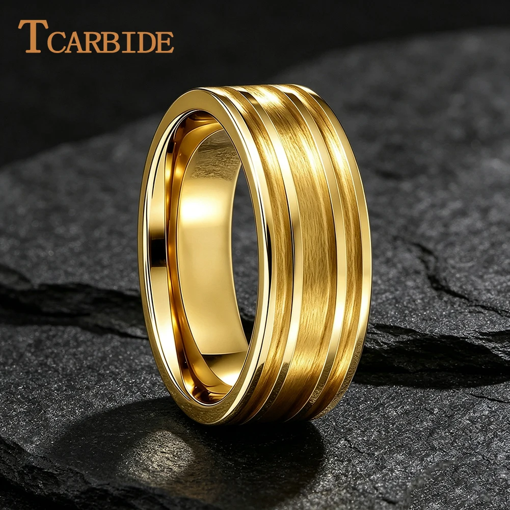 TCarbide 8mm Flat Tungsten Blanks with 3 Inlay Grooves, Tungsten Carbide Ring Blanks for Jewelry Inlay Embedding