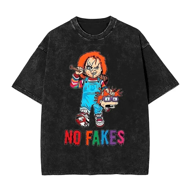 Horror Chucky and Tiffany Washed T Shirt Men Women We\'re Goin Killing Halloween Casual T Shirts Beach Tee Shirt Oversized Tops