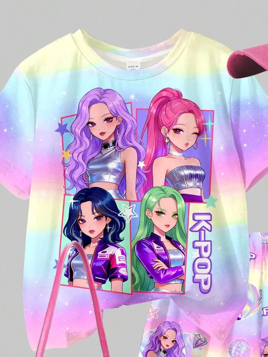 2-teiliges Mädchen-Outfit, T-Shirt mit Regenbogen-Farbverlauf und Sternenhimmel-K-POP-Cartoon-Print sowie Shorts-Set mit Allover-Print – Detail 5