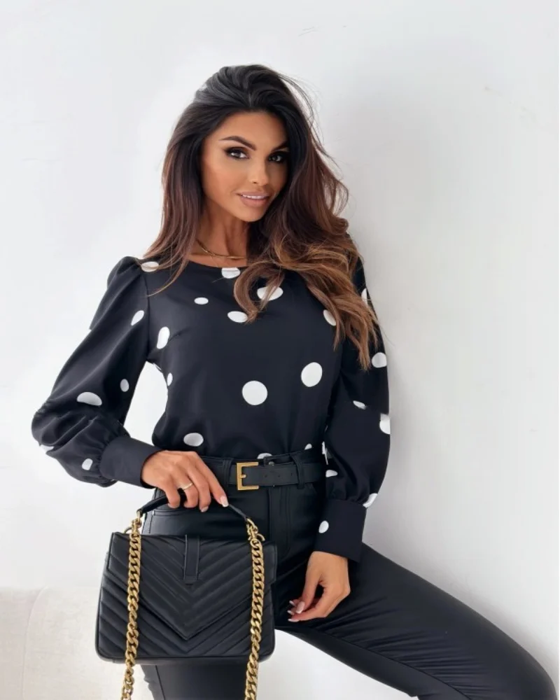 Wedifor Fashion Polka Dot Printed Women Shirts Long Sleeve O Neck Casual Blouse Black Elegant Ladies Pullover Tops Autumn Winter