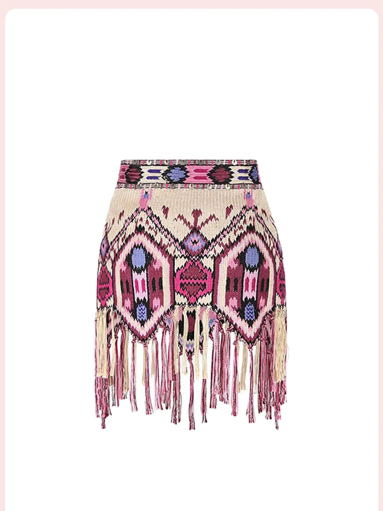 

Yeova женская юбка с кисточками и высокой талией в национальном стиле, асимметричная юбка с ромбовидным узором, летняя повседневная юбка