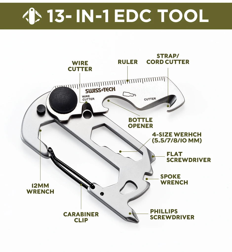 SWISS TECH 13-in-1 tragbare Mini-Multifunktionswerkzeuge, kleine Tasche, EDC-Werkzeug, Multitool-Set, Karabinerhaken, Wandern, Camping-Gadgets – Detail 3
