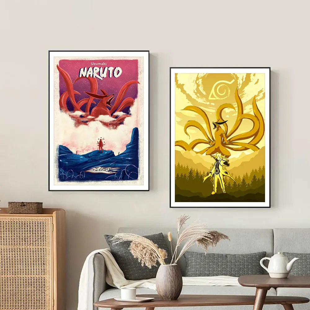 Anime Peripheral Vintage Posters Canvas Painting Wall Art Uzumaki Naruto Nine Tailed Fox Spirit Picture Mural for Bedroom Decor