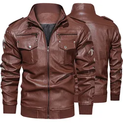 Men's Leather Motorcycle Zipper Jacket, Turtleneck, Faux Leather Clothes, Punk, Autumn, Winter, 2023