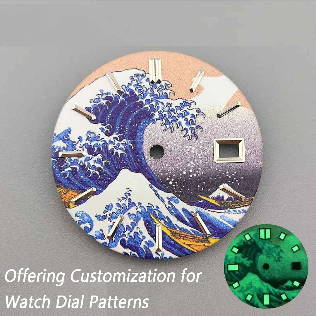 

28.5mm Dial The Great Wave off Kanagawa Watch Face Accessory Green Luminous For NH35 NH36 Movement Offering Customization