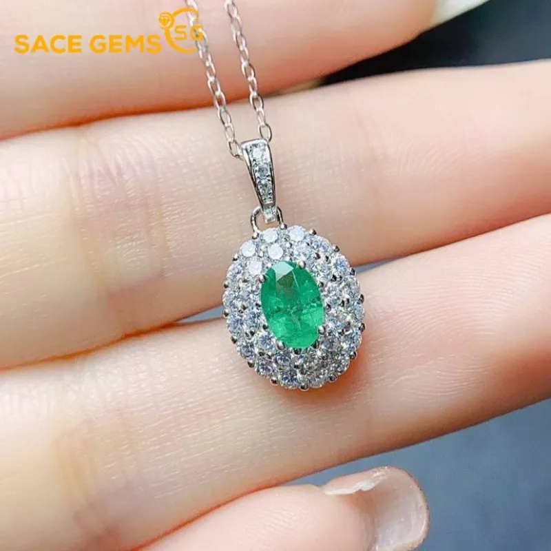 

SACE GEMS S925 Sterling Silver Certified 4*6MM Natual Emerald Pendant Necklaces for Womne Engagement Cocktail Party Fine Jewelry